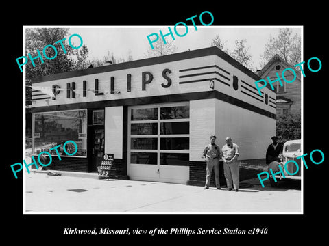 OLD LARGE HISTORIC PHOTO OF KIRKWOOD MISSOURI, THE PHILLIPS SERVICE STATION 1940