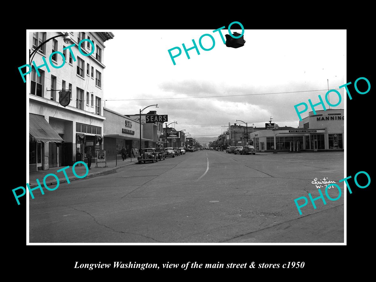 OLD LARGE HISTORIC PHOTO OF LONGVIEW WASHINGTON, THE MAIN St & STORES c1950