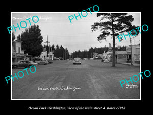 OLD LARGE HISTORIC PHOTO OF OCEAN PARK WASHINGTON, THE MAIN ST & STORES c1950