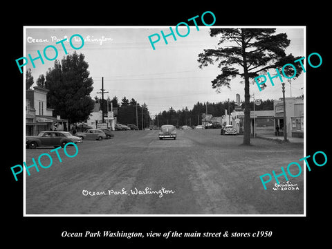 OLD LARGE HISTORIC PHOTO OF OCEAN PARK WASHINGTON, THE MAIN ST & STORES c1950