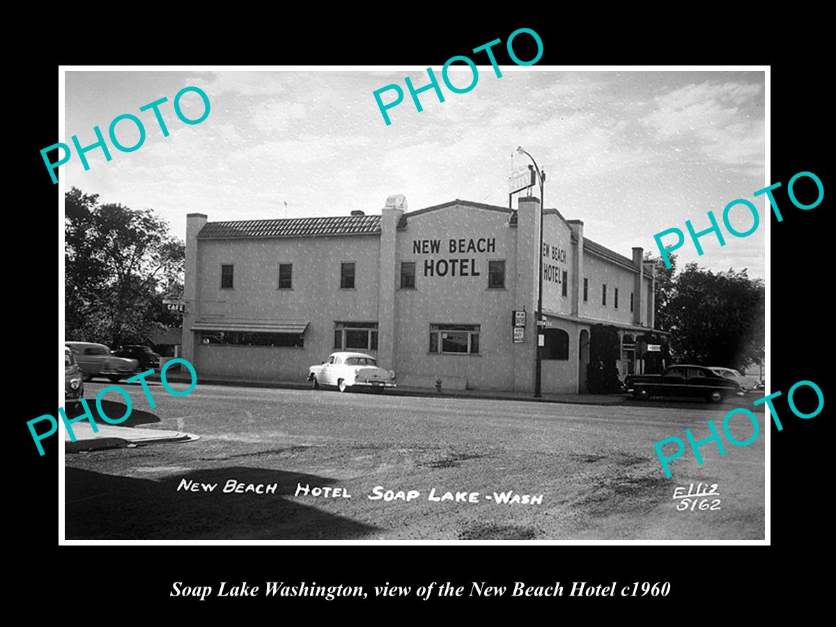 OLD LARGE HISTORIC PHOTO OF SOAP LAKE WASHINGTON, THE NEW BEACH HOTEL c1960