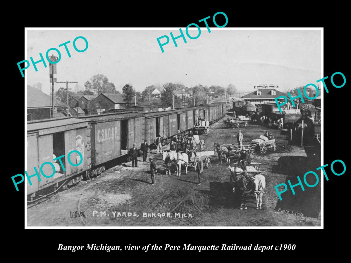 OLD LARGE HISTORIC PHOTO OF BANGOR MICHIGAN, THE PM RAILROAD DEPOT YARDS c1900