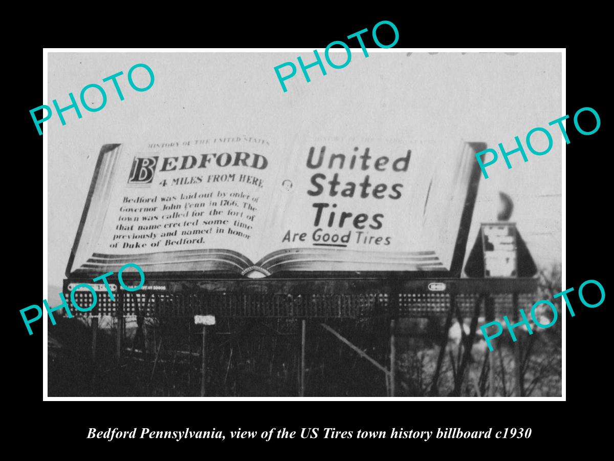 OLD LARGE HISTORIC PHOTO OF BEDFORD PENNSYLVANIA, US TIRES TOWN BILLBOARD c1930