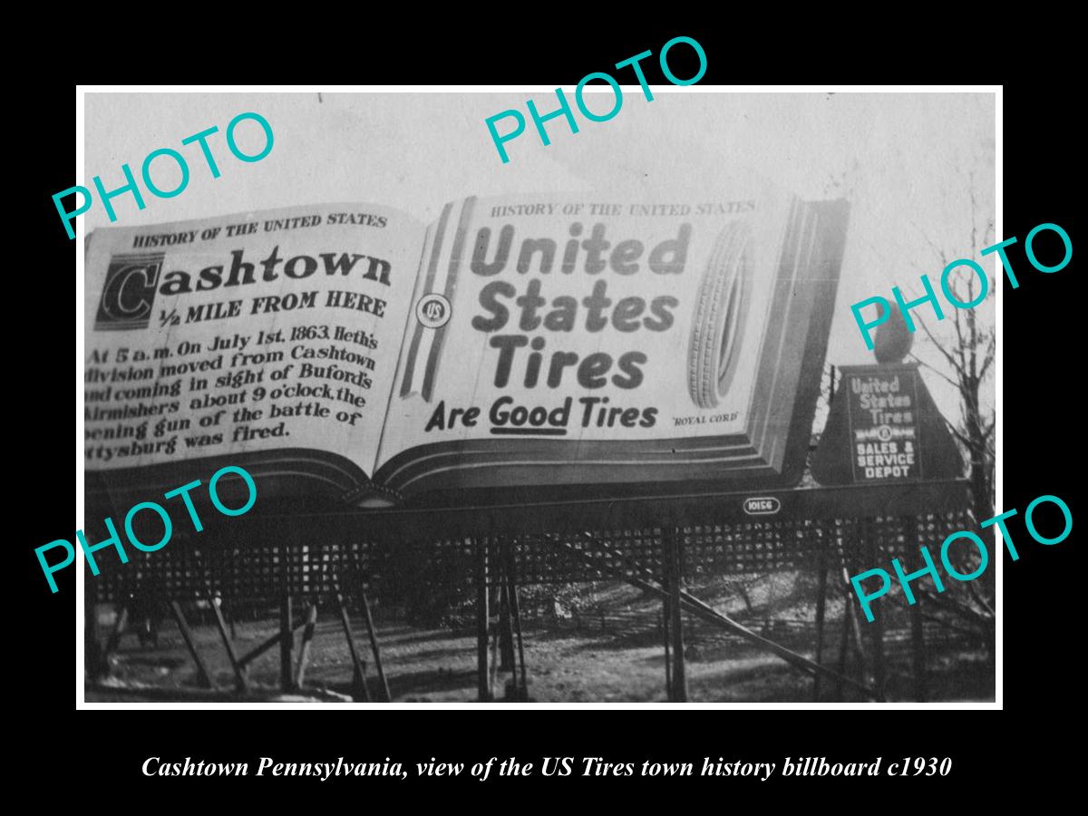 OLD LARGE HISTORIC PHOTO OF CASHTOWN PENNSYLVANIA, US TIRES TOWN BILLBOARD c1930