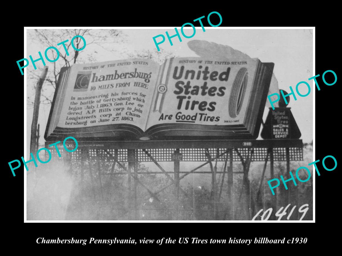 OLD HISTORIC PHOTO OF CHAMBERSBERG PENNSYLVANIA, US TIRES BILLBOARD c1930