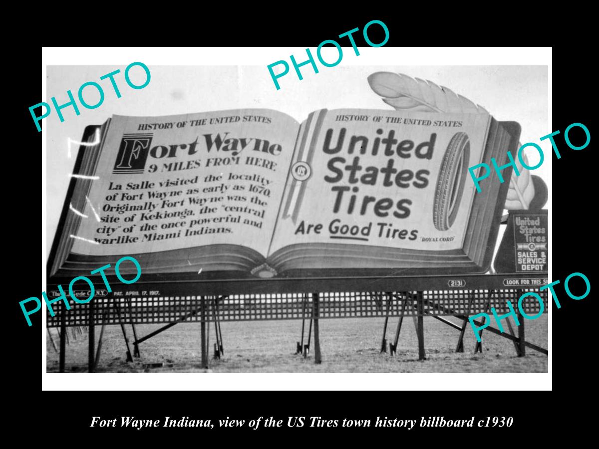 OLD LARGE HISTORIC PHOTO OF FORT WAYNE INDIANA, US TIRES TOWN BILLBOARD c1930