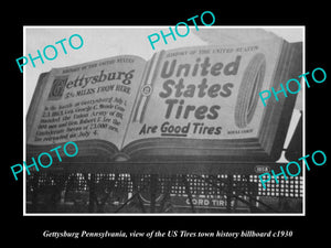 OLD HISTORIC PHOTO OF GETTYSBURG PENNSYLVANIA, US TIRES TOWN BILLBOARD c1930