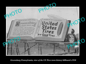 OLD HISTORIC PHOTO OF GREENSBURG PENNSYLVANIA, US TIRES TOWN BILLBOARD c1930