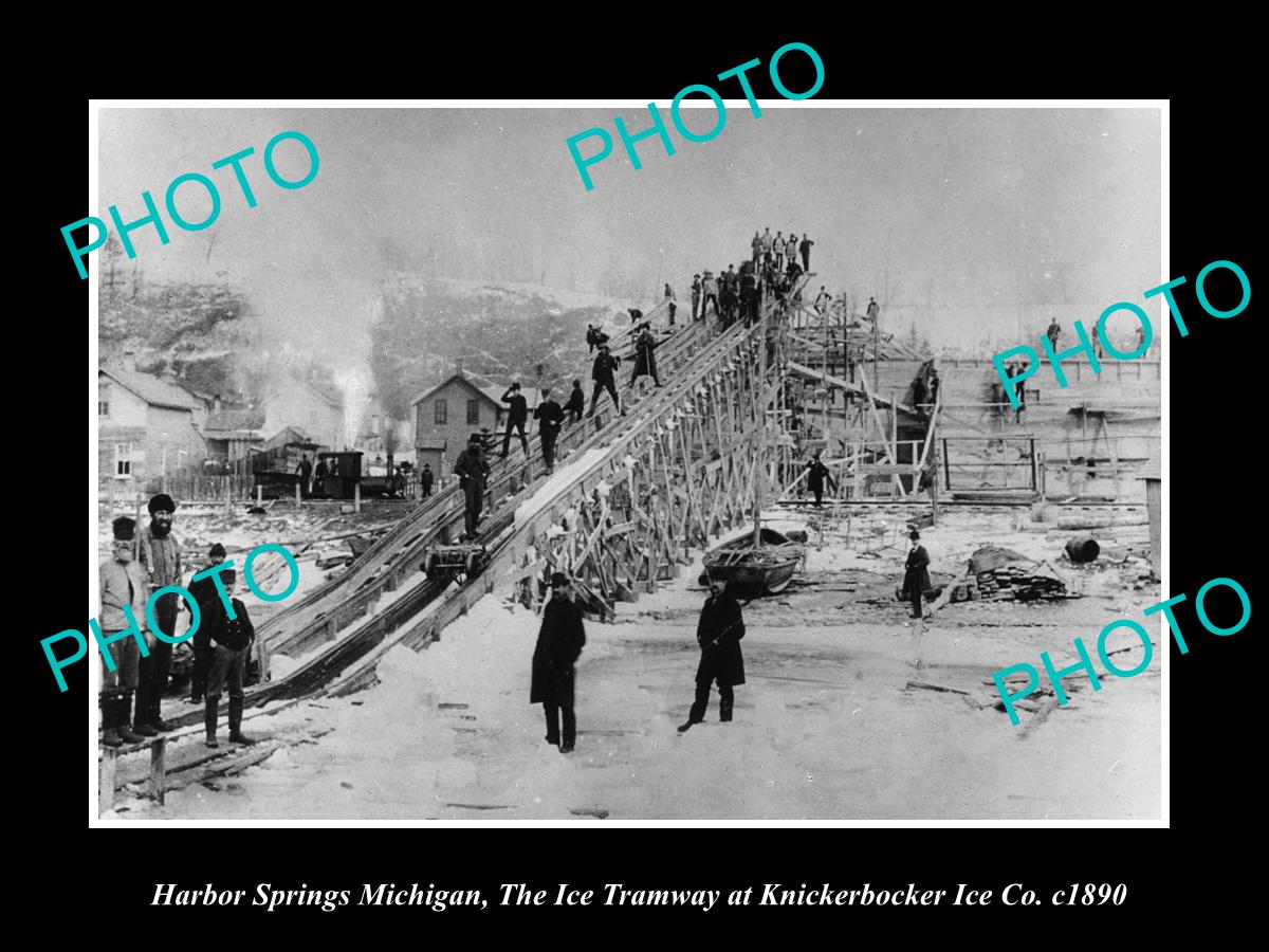 OLD LARGE HISTORIC PHOTO OF HARBOR SPRINGS MICHIGAN, THE ICE TRAMWAY c1890