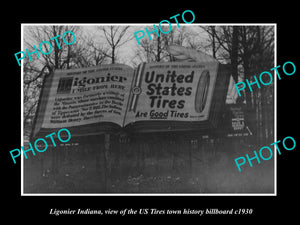 OLD LARGE HISTORIC PHOTO OF LIGONIER INDIANA, US TIRES TOWN BILLBOARD c1930