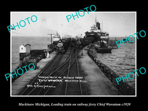 OLD LARGE HISTORIC PHOTO OF MACKINAW MICHIGAN, RAIL FERRY CHIEF WAWATUM c1920