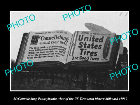 OLD HISTORIC PHOTO OF McCONNELLSBURG PENNSYLVANIA, US TIRES TOWN BILLBOARD c1930