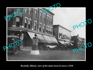 OLD LARGE HISTORIC PHOTO OF ROCHELLE ILLINOIS, THE MAIN STREET & STORES c1920