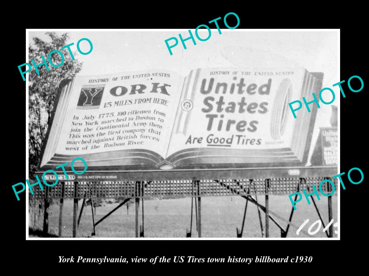 OLD LARGE HISTORIC PHOTO OF YORK PENNSYLVANIA, US TIRES TOWN BILLBOARD c1930