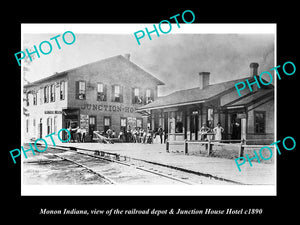 OLD LARGE HISTORIC PHOTO OF MONON INDIANA, THE JUNCTION HOTEL & DEPOT c1890