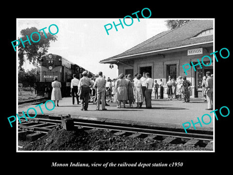 OLD LARGE HISTORIC PHOTO OF MONON INDIANA, THE RAILROAD DEPOT STATION c1950