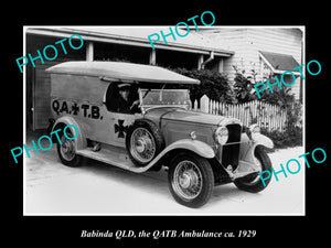 OLD LARGE HISTORIC PHOTO OF BABINDA QUEENSLAND, THE QATB AMBULANCE c1929