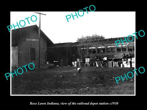 OLD LARGE HISTORIC PHOTO OF ROSE LAWN INDIANA, THE RAILROAD DEPOT STATION c1930