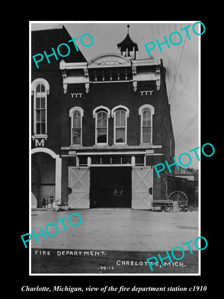 OLD LARGE HISTORIC PHOTO OF CHARLOTTE MICHIGAN, THE FIRE DEPARTMENT STATION 1910