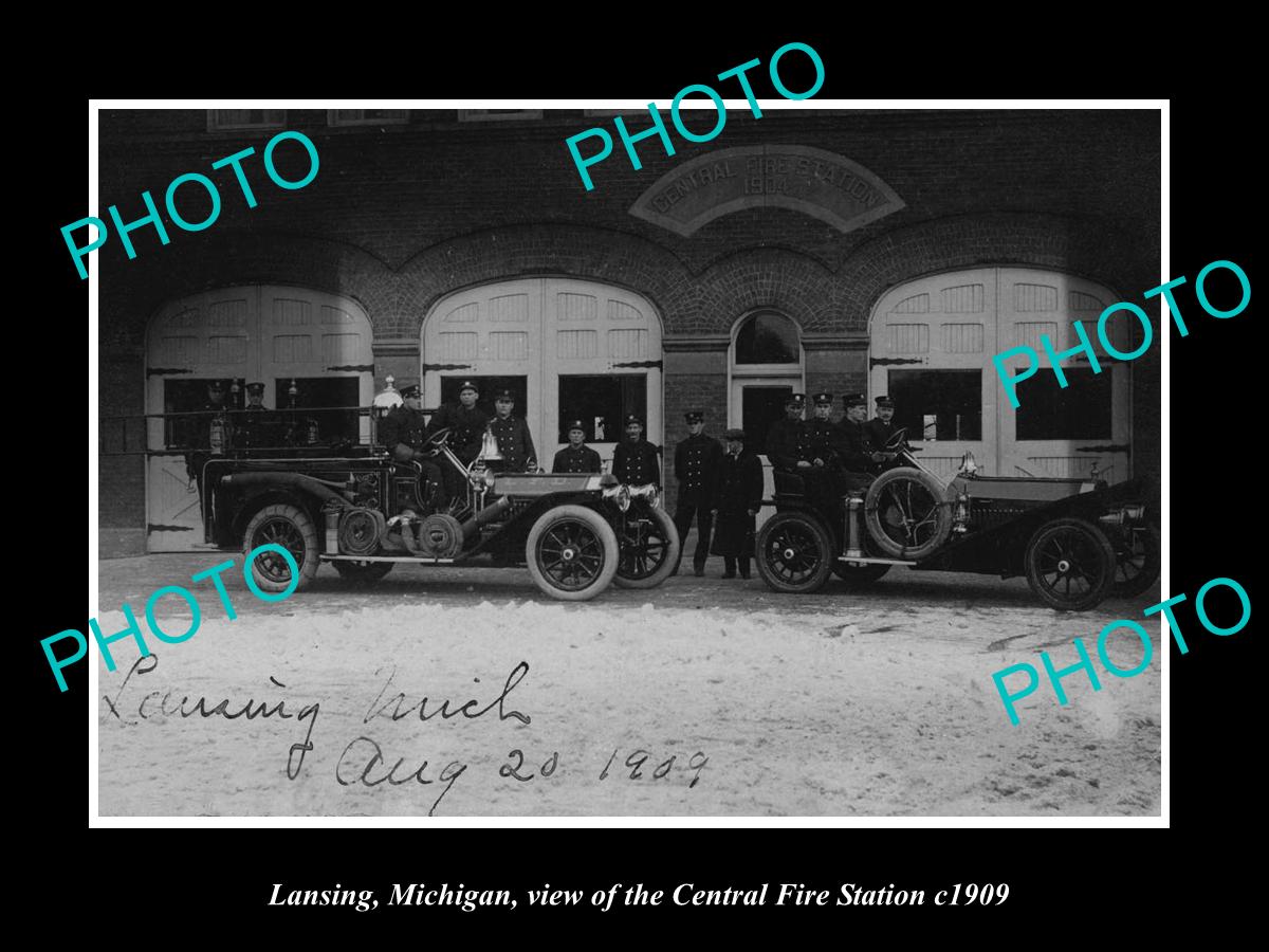 OLD LARGE HISTORIC PHOTO OF LANSING MICHIGAN, THE FIRE DEPARTMENT STATION 1909