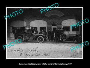 OLD LARGE HISTORIC PHOTO OF LANSING MICHIGAN, THE FIRE DEPARTMENT STATION 1909