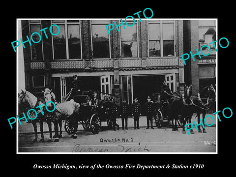 OLD LARGE HISTORIC PHOTO OF OWOSSO MICHIGAN, THE FIRE DEPARTMENT STATION c1910