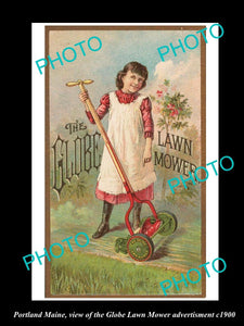 OLD LARGE HISTORIC PHOTO OF PORTLAND MAINE, THE GLOBE LAWN MOWER AD c1900