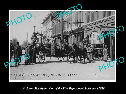 OLD LARGE HISTORIC PHOTO OF ST JOHNS MICHIGAN,  THE FIRE DEPARTMENT STATION 1910