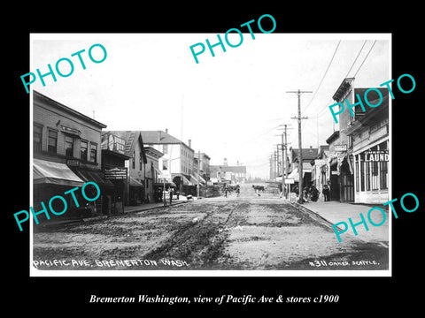 OLD LARGE HISTORIC PHOTO OF BREMERTON WASHINGTON, PACIFIC Ave & STORES c1920