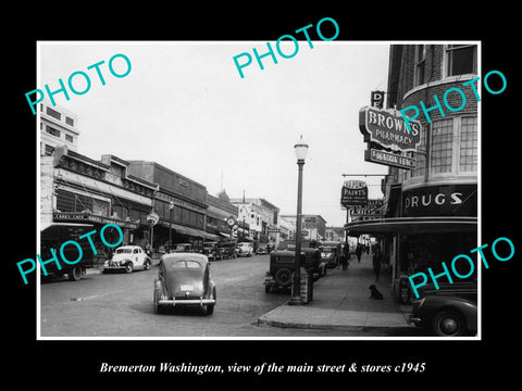 OLD LARGE HISTORIC PHOTO OF BREMERTON WASHINGTON, THE MAIN St & STORES c1945