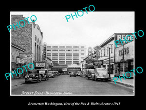 OLD LARGE HISTORIC PHOTO OF BREMERTON WASHINGTON, THE REX & RIALTO THEATER c1945