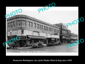 OLD LARGE HISTORIC PHOTO OF BREMERTON WASHINGTON, THE HOTEL & DRUG STORE c1945