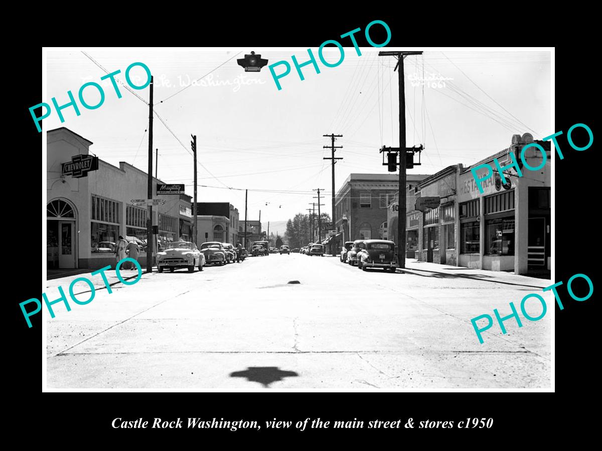 OLD LARGE HISTORIC PHOTO OF CASTLE ROCK WASHINGTON, THE MAIN St & STORES c1950