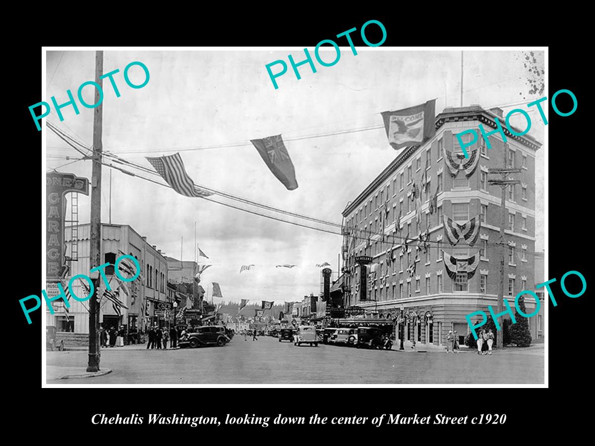 OLD LARGE HISTORIC PHOTO OF CHEHALIS WASHINGTON, MARKET STREET & STORES c1920