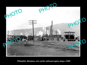 OLD LARGE HISTORIC PHOTO OF WHITEFISH MONTANA, THE RAILROAD ENGINE SHOPS c1900