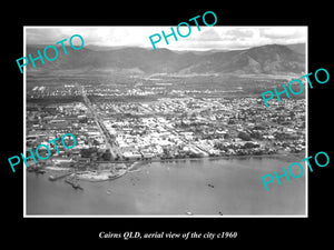 OLD LARGE HISTORIC PHOTO OF CAIRNS QUEENSLAND, AERIAL VIEW OF THE CITY c1960