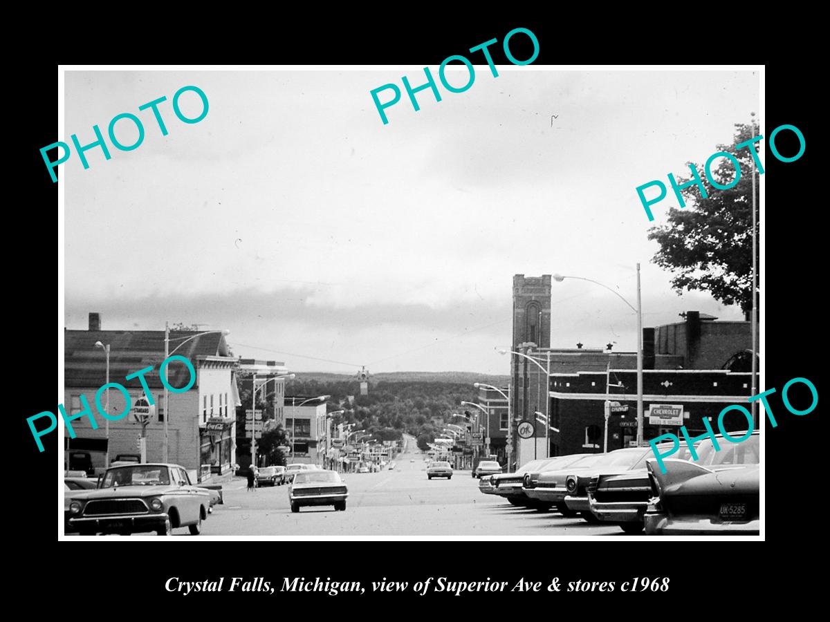 OLD LARGE HISTORIC PHOTO OF CRYSTAL FALLS MICHIGAN, SUPERIOR Ave & STORES c1968