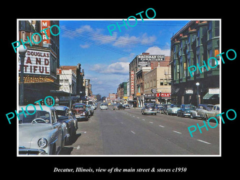 OLD LARGE HISTORIC PHOTO OF DECATUR ILLINOIS, VIEW OF MAIN ST & STORES c1950