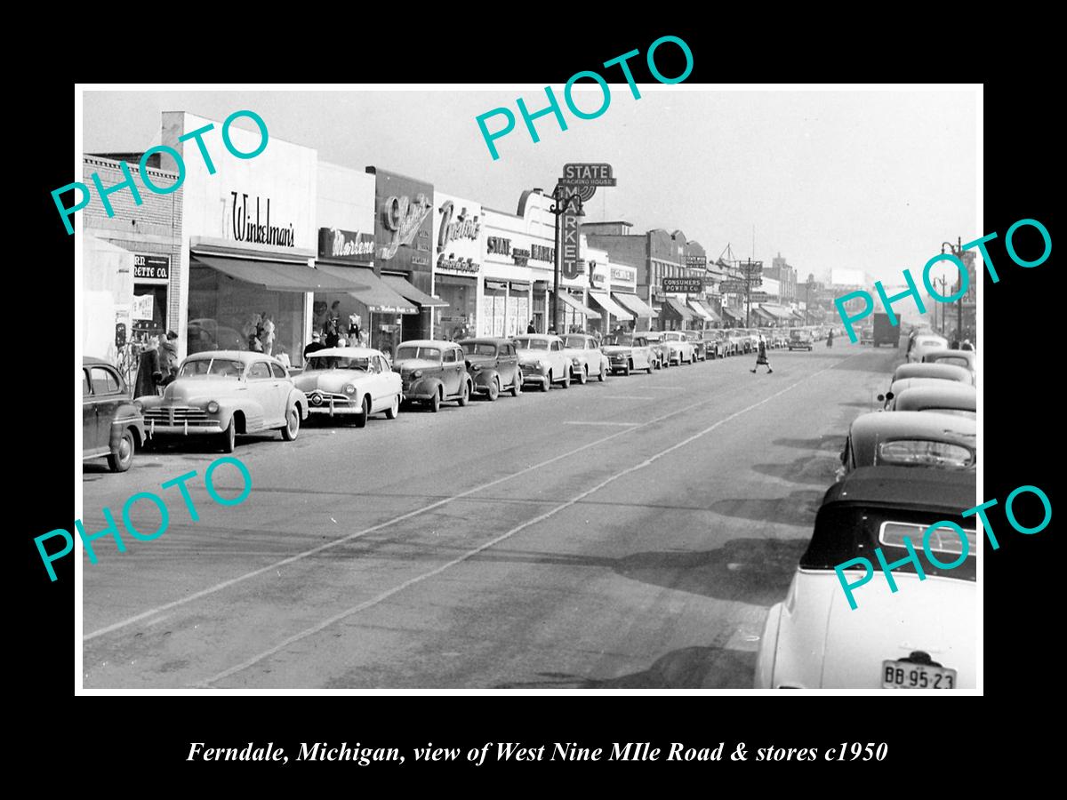 OLD LARGE HISTORIC PHOTO OF FERNDALE MICHIGAN, WEST 9 MILE ROAD & STORES c1950