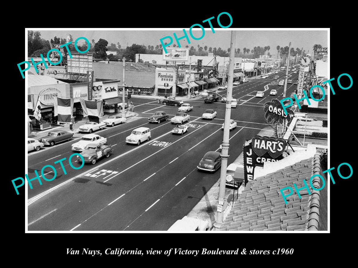 OLD LARGE HISTORIC PHOTO OF VAN NUYS CALIFORNIA, VICTORY BOULEVARD & STORES 1960