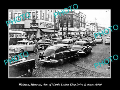 OLD LARGE HISTORIC PHOTO OF WELLSTON MISSOURI, VIEW OF MLK DRIVE & STORES c1960