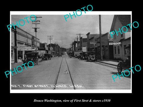 OLD LARGE HISTORIC PHOTO OF ILWACO WASHINGTON, VIEW OF FIRST St & STORES c1930