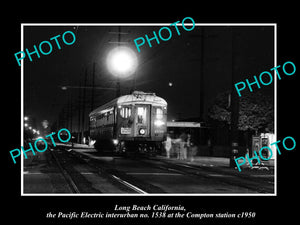 OLD LARGE HISTORIC PHOTO OF COMPTON CALIFORNIA, PACIFIC ELECTRIC RAIL DEPOT 1950