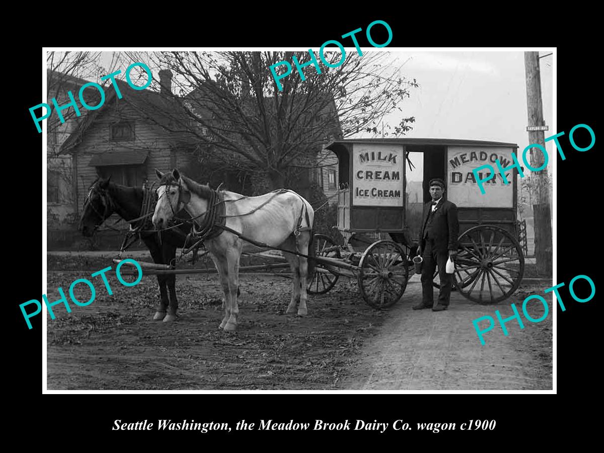 OLD HISTORIC PHOTO OF SEATTLE WASHINGTON, THE MEADOW DAIRY MILK WAGON c1900