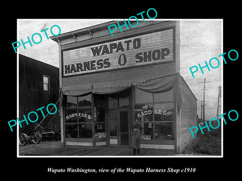 OLD LARGE HISTORIC PHOTO OF WAPATO WASHINGTON, THE WAPATO HARNESS SHOP c1910