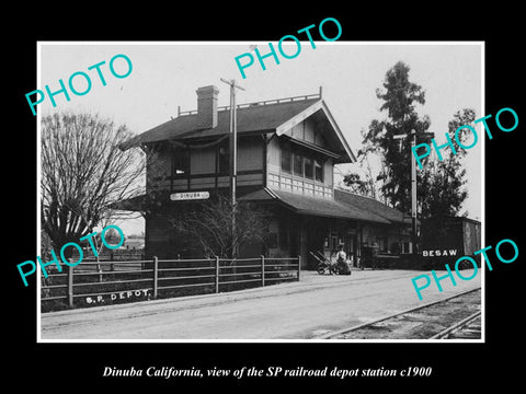 OLD LARGE HISTORIC PHOTO OF DINUBA CALIFORNIA, THE RAILROAD DEPOT STATION c1900