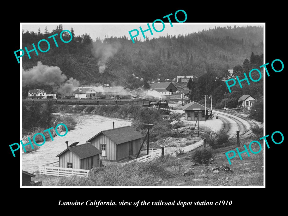 OLD LARGE HISTORIC PHOTO OF LAMOINE CALIFORNIA, THE RAILROAD DEPOT STATION c1910