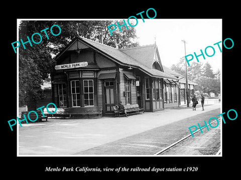 OLD LARGE HISTORIC PHOTO OF MENLO PARK CALIFORNIA, RAILROAD DEPOT STATION c1920