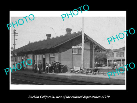 OLD LARGE HISTORIC PHOTO OF ROCKLIN CALIFORNIA, THE RAILROAD DEPOT STATION c1910