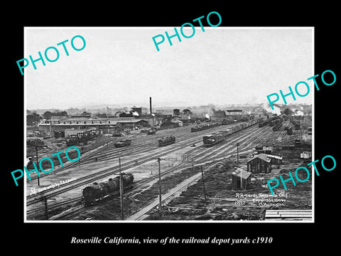 OLD LARGE HISTORIC PHOTO OF ROSEVILLE CALIFORNIA, THE RAILROAD DEPOT YARDS c1910